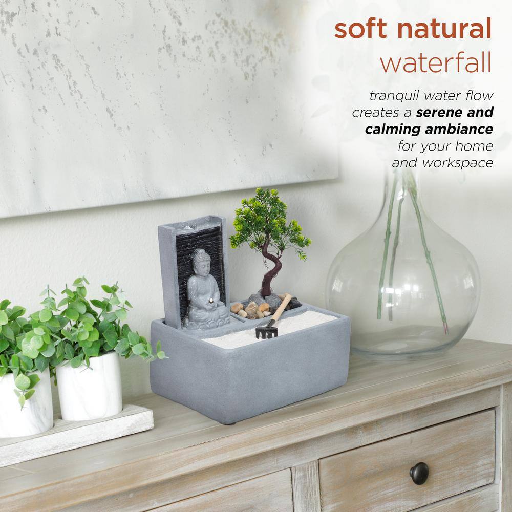 Gray Cement Buddha Bonsai Garden Tabletop Fountain with LED Light