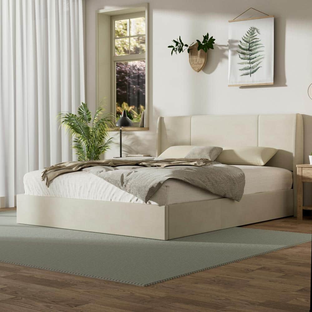 White Frame Full Size Wingback Upholstered Platform Bed with Lift-up Storage Supported by Metal and Wooden Slats price history on PriceWatchPro