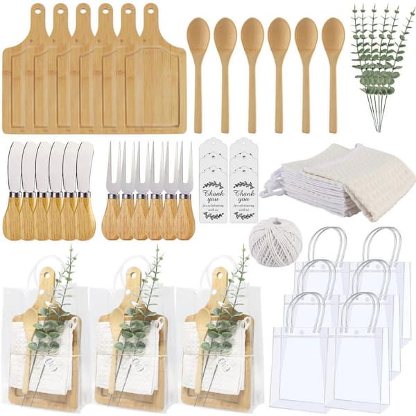 Baby Shower Party Favor Set of 6 with Bamboo Cheese Board Stainless Steel Cutlery Towel Gift Bags 49-Piece