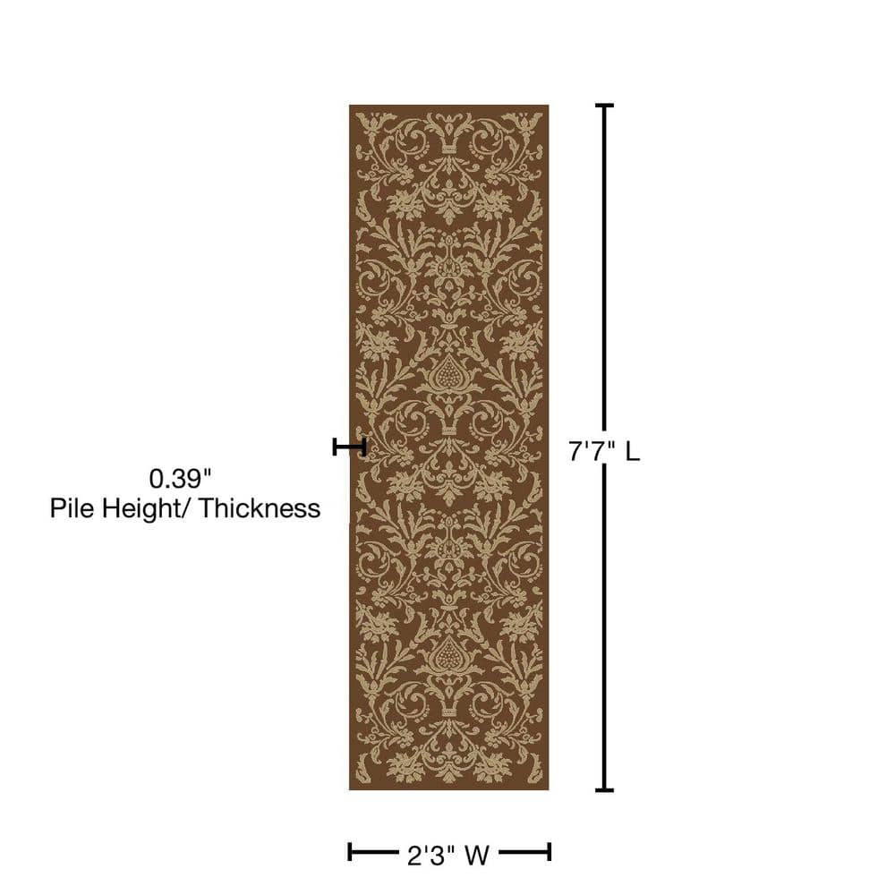 Brown Damask Pattern Medium Pile Runner Rug