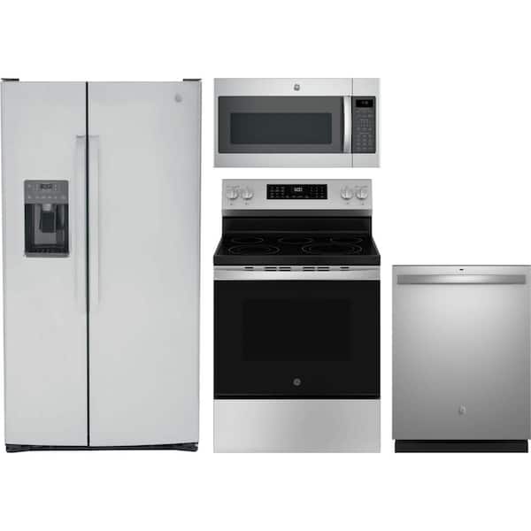 25.3 cu. ft. Side by Side Refrigerator with 5 Burner Free-Standing Range and Dishwasher w/Sanitize and Dry Boost