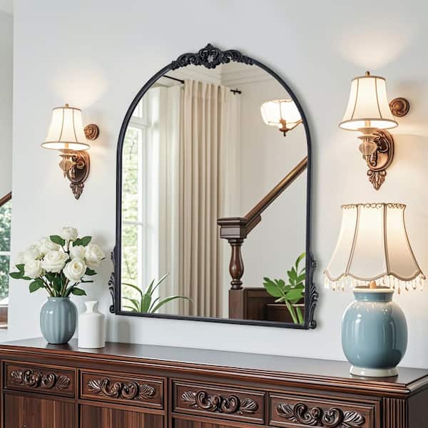 24 in. W x 32 in. H Intricately Carved Vintage Black Arched Framed Wall Bathroom Vanity Mirror