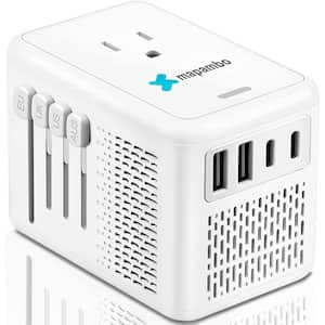 Universal Travel Adapter Voltage Converter Plug 220-Volt to 110-Volt with 1-Outlet and 2 USB-A, 2 USB-C Ports in White