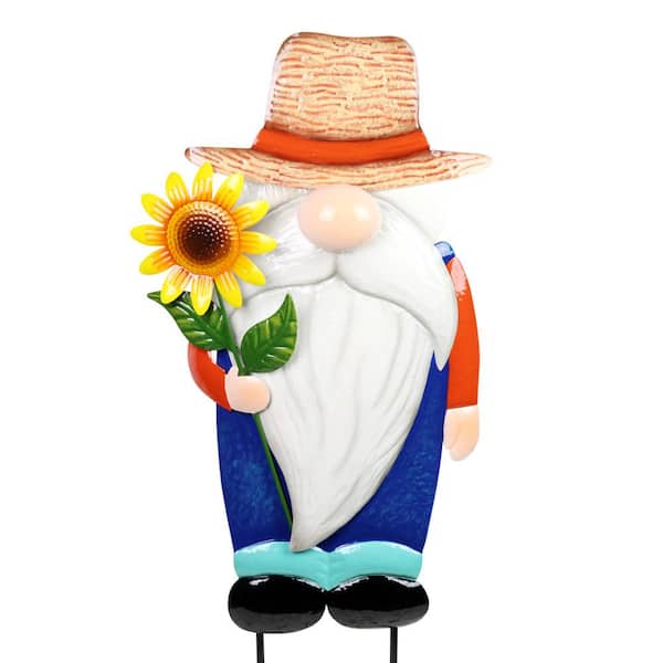 Country Farmer Gnome with Sunflower 2.49 ft. MultiColor Metal Garden Stake