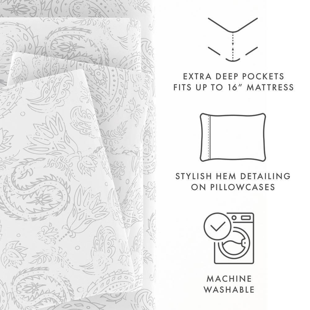 Light Gray Floral Queen Microfiber Deep Pocket Sheet Set