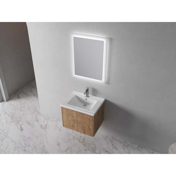 FUNKOL 24 in. W x 18 in. D x 19.30 in. H Bathroom Vanity in Imitation oak color with white Gel Basin Top