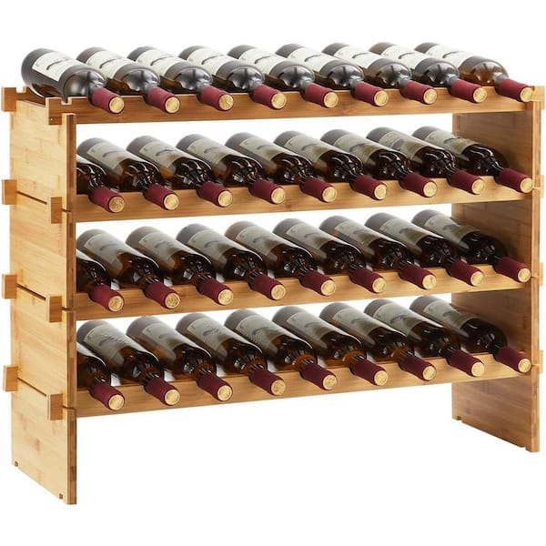 36 Bottles Stackable Modular Wine Rack, 4 Tier Wooden Wine Storage Rack, Bamboo Wine Display Shelves