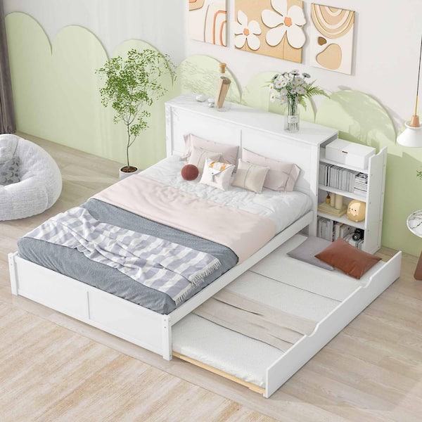 White Wood Frame Queen Size Platform Bed with Pull Out Shelves and Twin  Xl Size Trundle