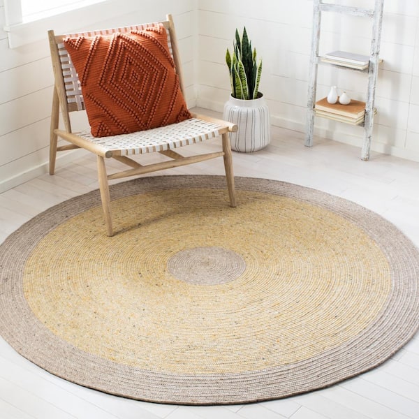 Braided Gold Beige Doormat 3 ft. x 3 ft. Abstract Striped Round Area Rug