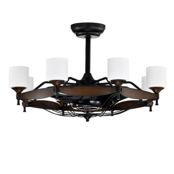 33 in. Chandelier Indoor Caged 3-Blade ABS Ceiling Fan Bedroom with Remote Control Wood Rustic (E26 No Include 8-Bulb)