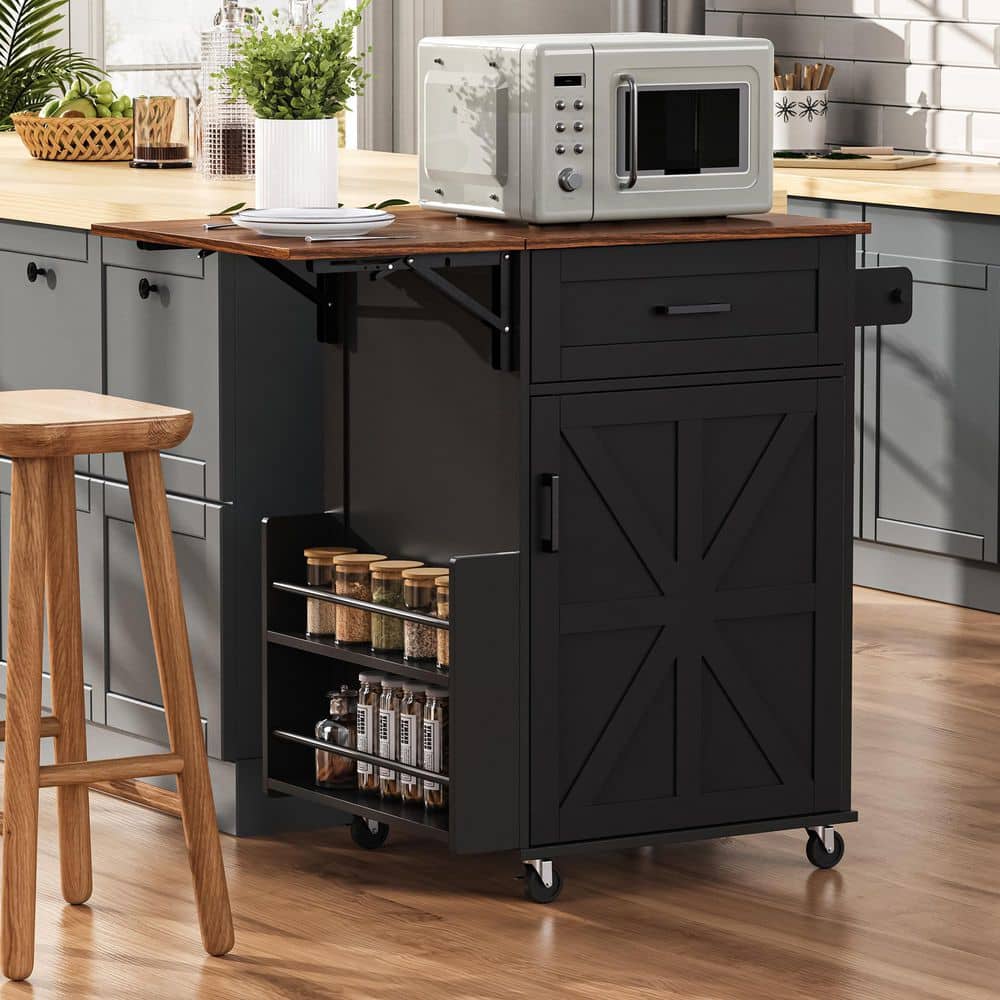 Ziyudura Black Wood 39 in. Kitchen Island with Drop Leaf, Open