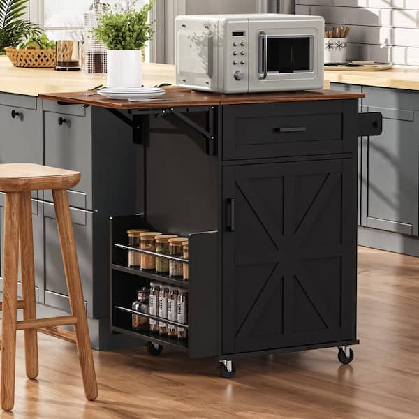 Black Wood 39 in. Kitchen Island with Drop Leaf, Open Side Rack, Drawer, Towel Rack