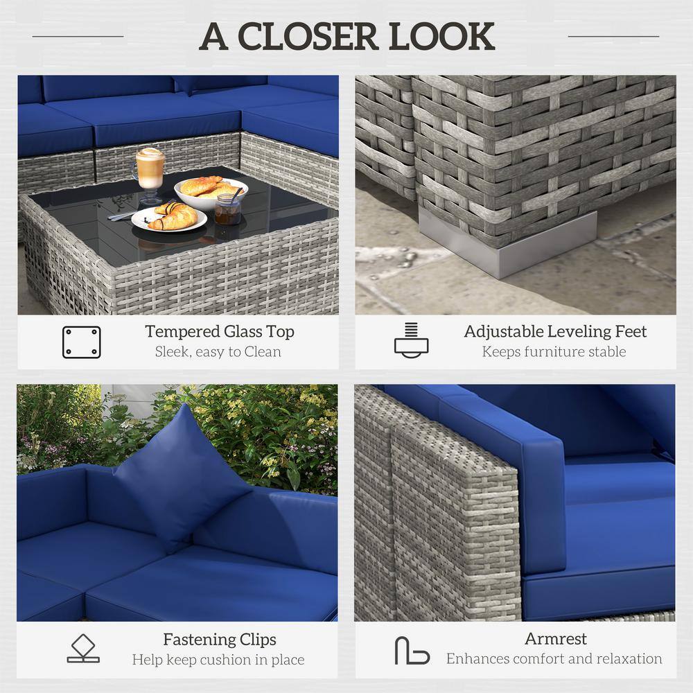 Mixed Gray and Blue PE Rattan Wicker 7-Piece Sectional Sofa Set