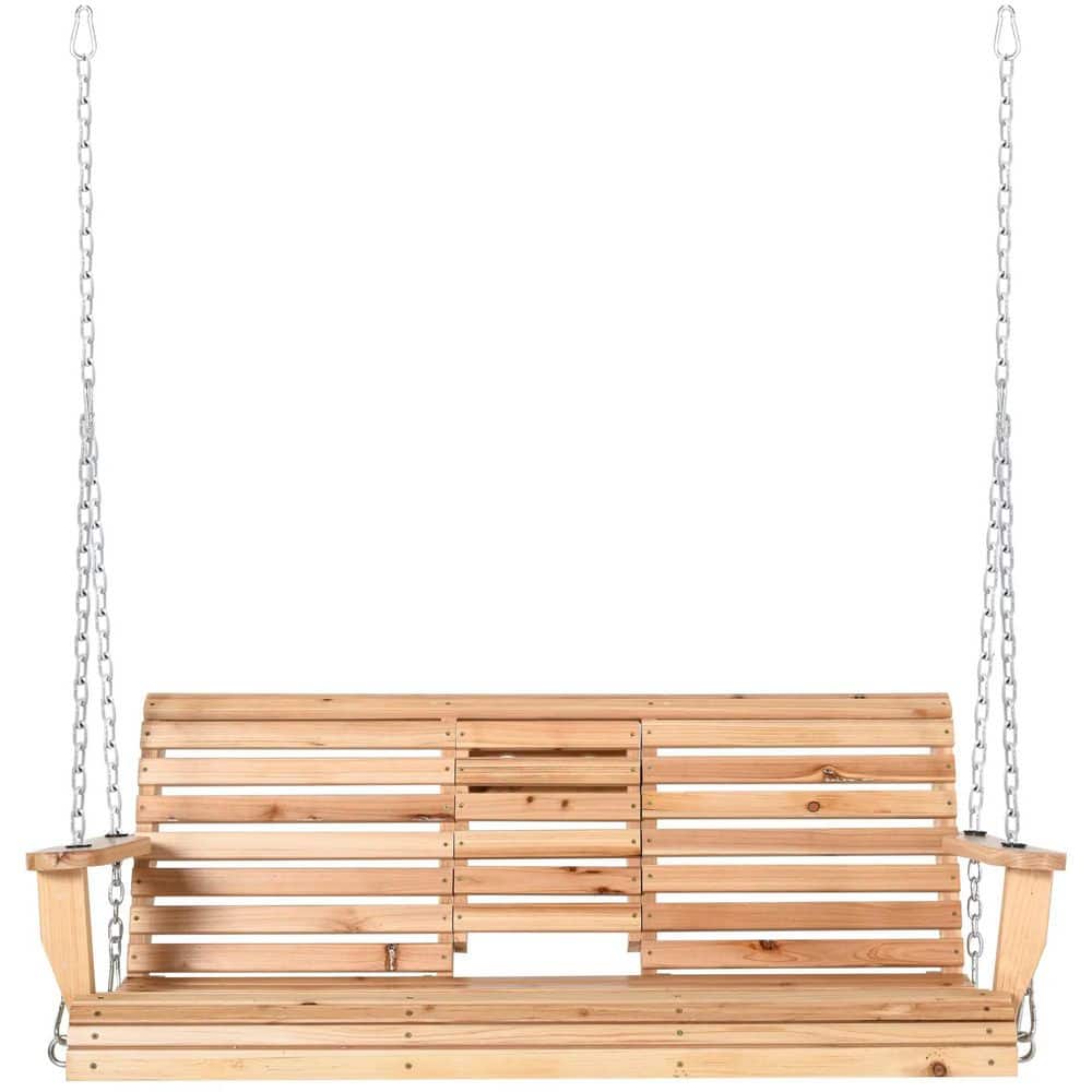 3-Seater Wood Porch Swing with Folding Coffee Table, Cup Holders and Chains Included, Patio Swing Bench, Natural price history on PriceWatchPro