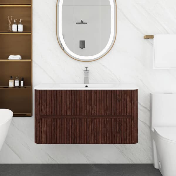 Boosicavelly 36 in. W Single Sink Wall-Mounted Bath Vanity in Deep Walnut with White Ceramic Top