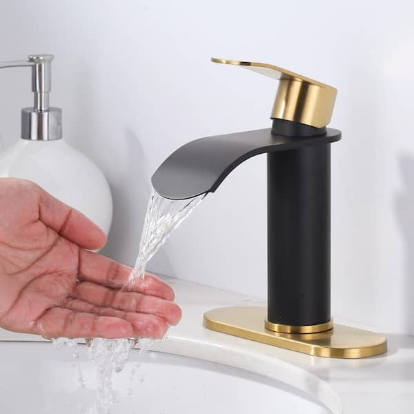 4 in. Centerset Single Handle High Arc Waterfall Bathroom Faucet with Pop Up Drain and Supply Lines in Black and Gold