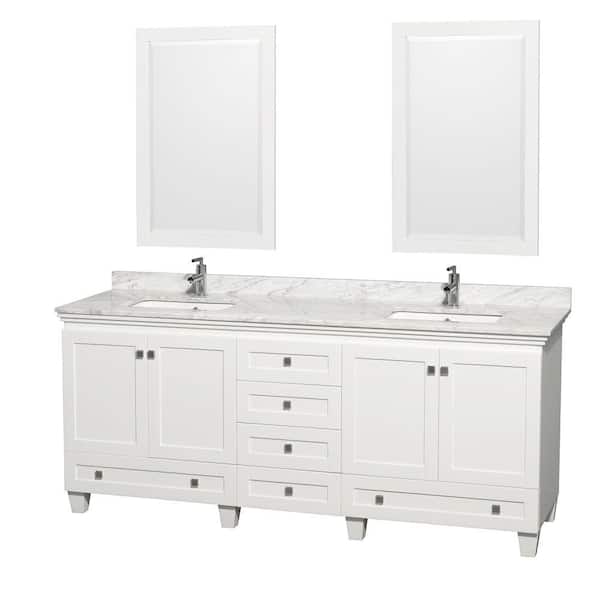 Wyndham Collection Acclaim 80 in. Double Vanity in White with Marble Vanity Top in Carrara White, Square Sink and 2 Mirrors