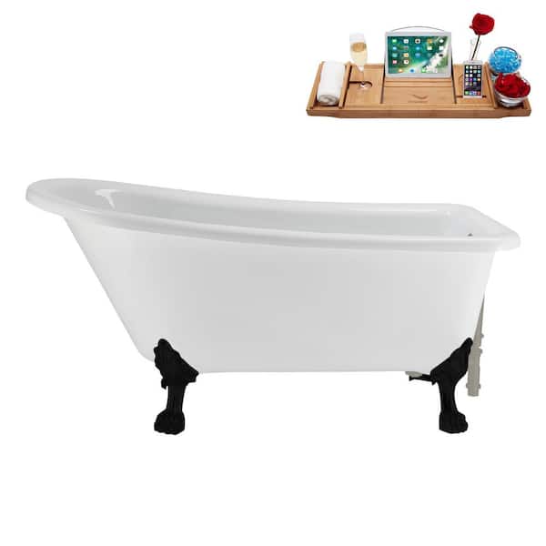 Streamline 58 in. x 28 in. Acrylic Clawfoot Soaking Bathtub in Glossy White with Brushed GunMetal Drain, Matte Black Clawfeet