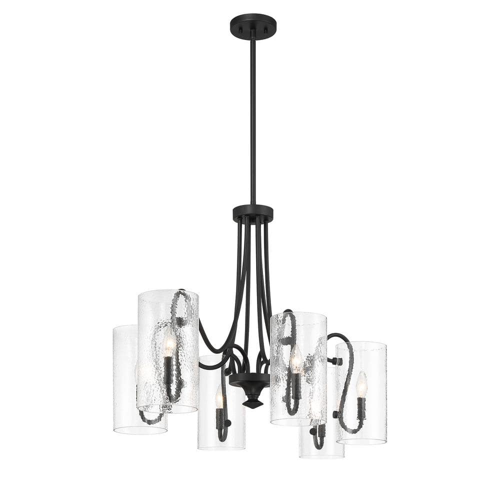 Matte Black 6-Light Chandelier with Clear Hammered Glass Shades