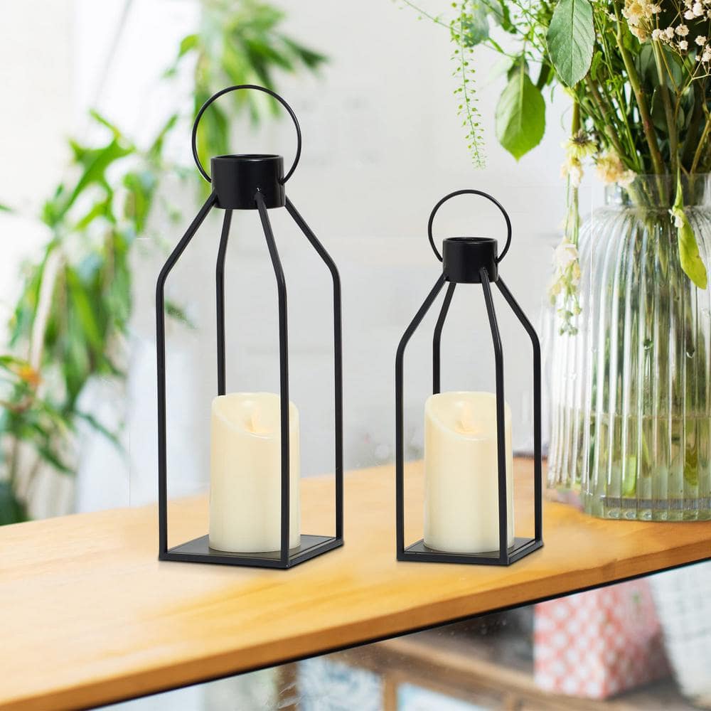 Black Metal Tabletop and Hanging Candle Lanterns with LED Candles