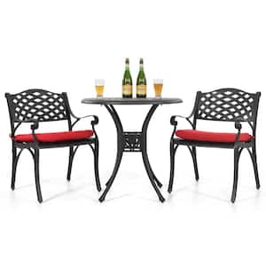 3-Piece Black Cast Aluminum Patio Round Outdoor Bistro Set with Red Cushions