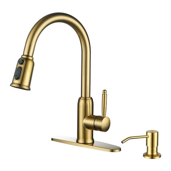 ALEASHA Stainless Steel Single-Handle Pull Down Sprayer Kitchen Faucet with Soap Dispenser in Gold