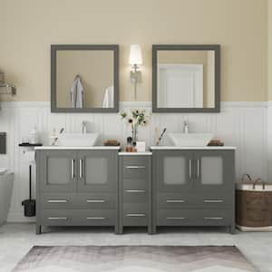Ravenna 72 in. W Bathroom Vanity in Grey with Double Basin in White Engineered Marble Top and Mirrors