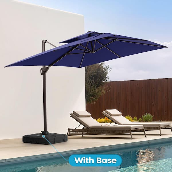 11 ft. x 9 ft. Swivel Double-Top Cantilever Tilt Patio Umbrella in Navy with 220 lbs. HDPE Base