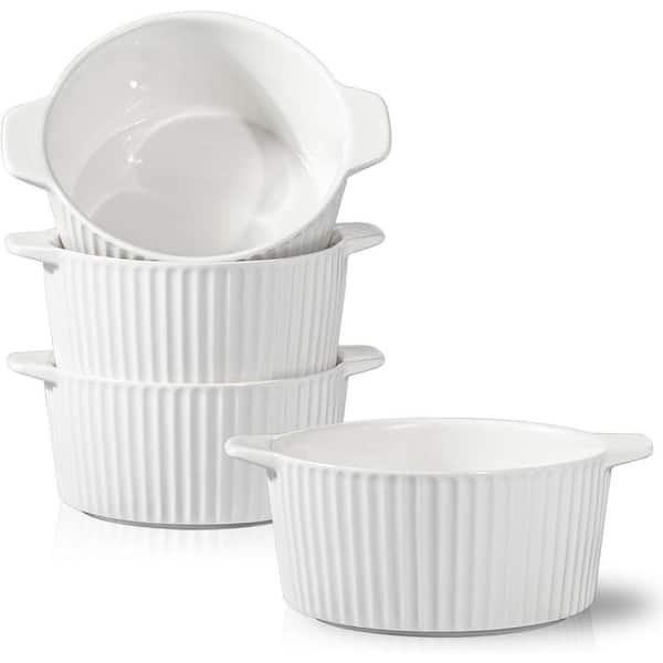4-Pack White Ceramic Ramekins with Handles Heat-Resistant Porcelain for Baking French Onion Soup Souffle Cakes
