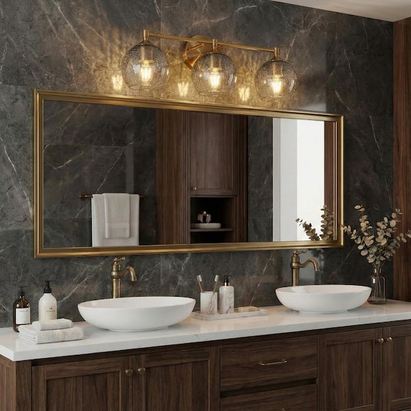 22.1 in. 3-Light Brass Gold Bathroom Vanity Light, Bathroom Light Fixtures with Gray Crackle Glass Shades Over Mirror