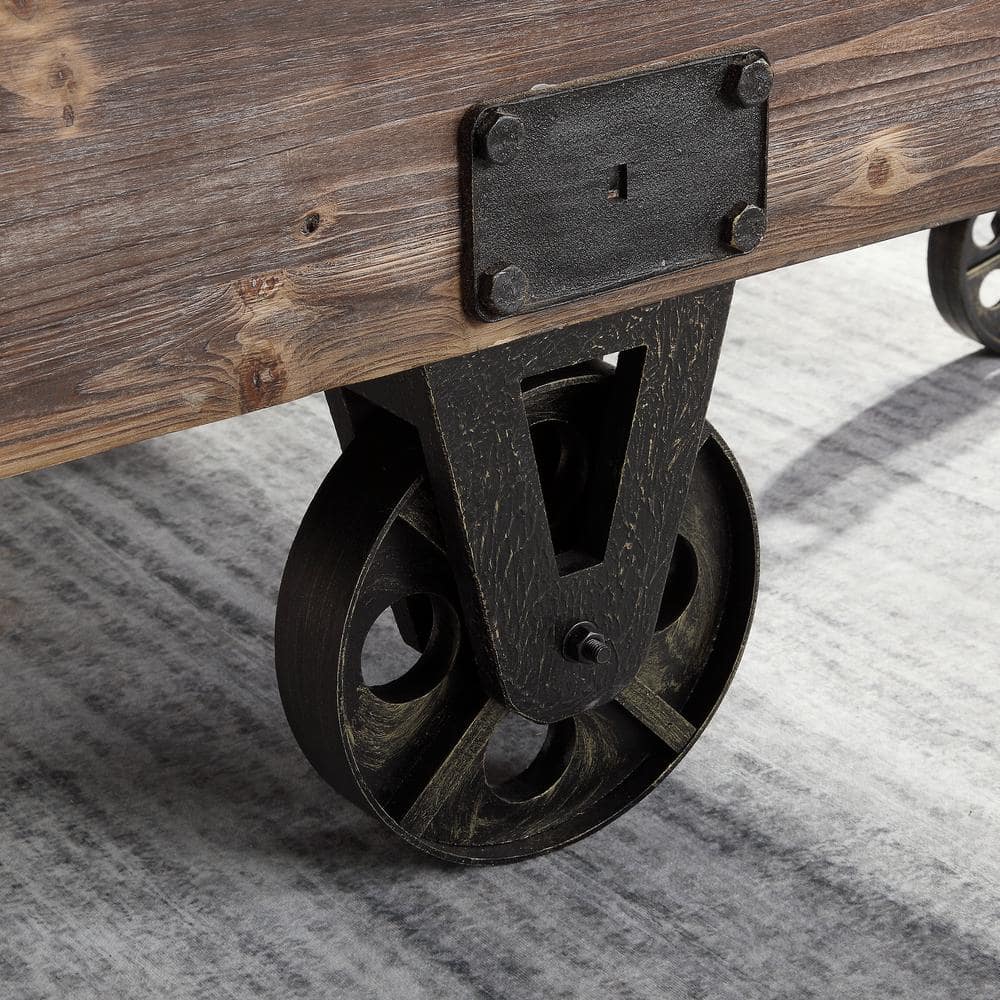 Rustic Brown Wood Factory Cart Coffee Table with Wheels