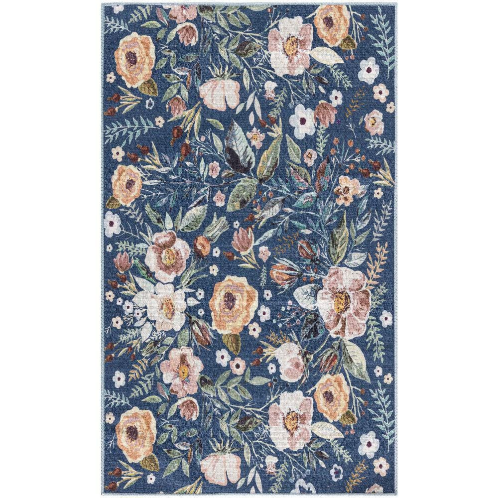 Washables Navy Multicolor 3 ft. x 5 ft. Botanical Traditional Area Rug price history on PriceWatchPro