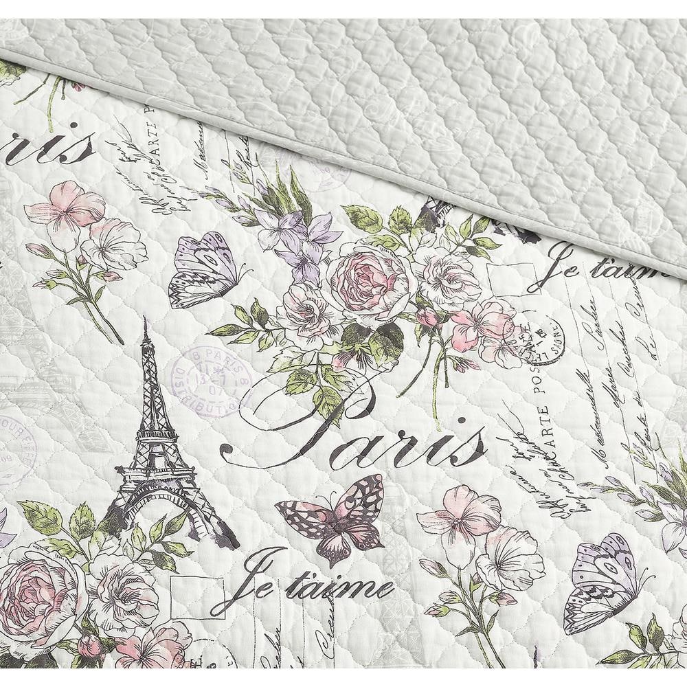 Paris Floral White Cotton Reversible King Quilt Set