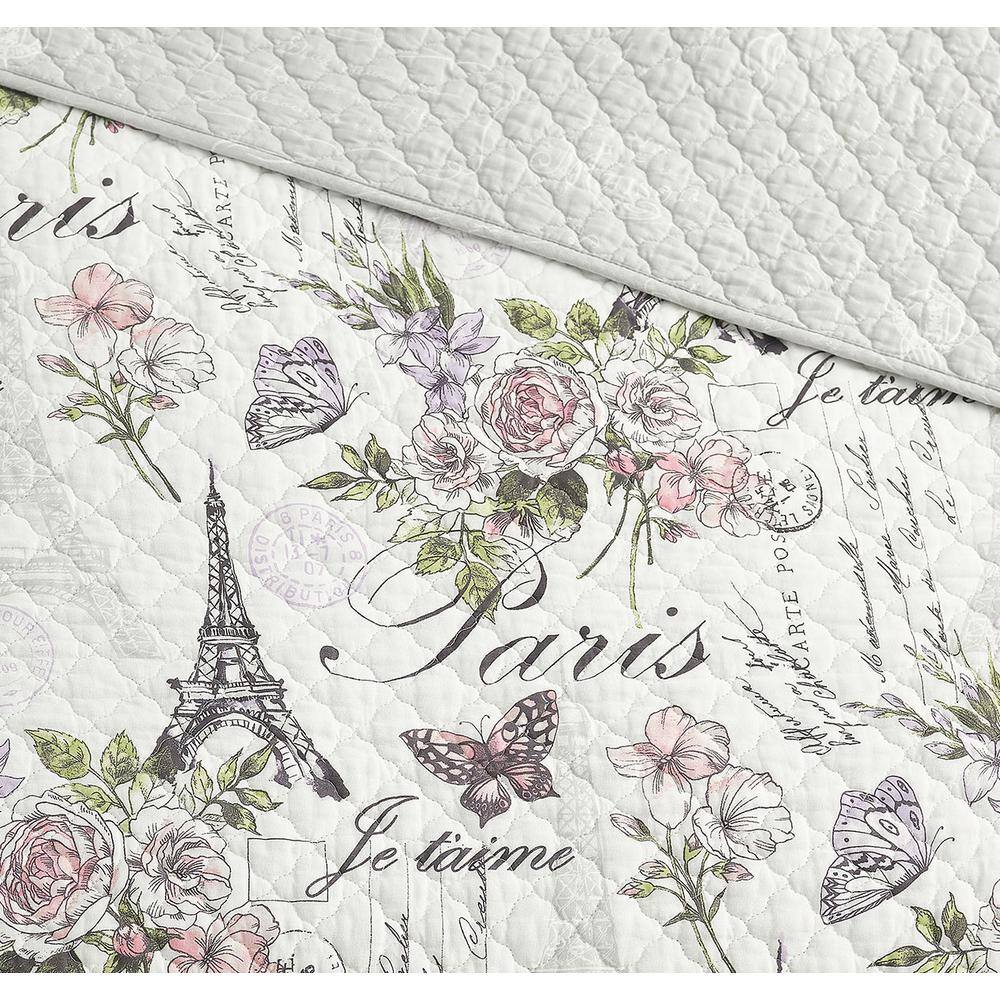 Gray and White Paris Floral Reversible Cotton Twin Quilt Set