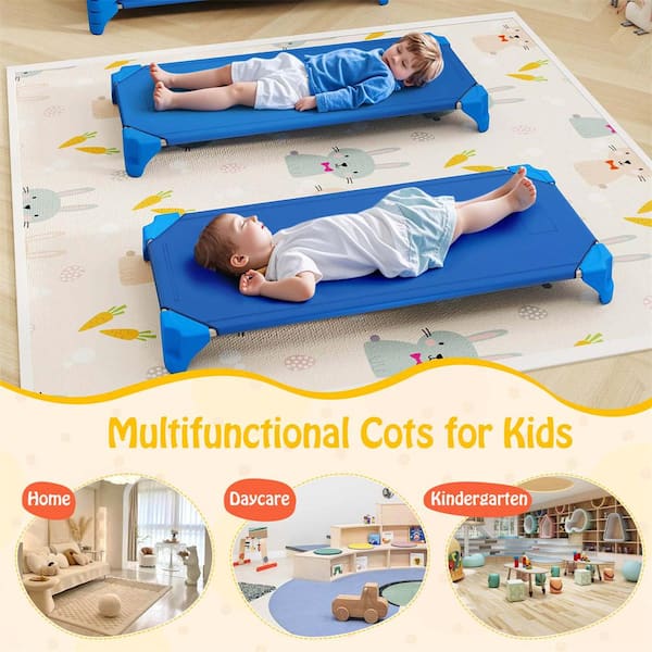 Blue Toddler Stackable Daycare Cots with Easy Lift Corners Heavy-Duty Metal Frame Kids (6-Pack)