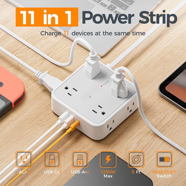 5 Ft Surge Protector Power Strip, 1250W, 8 Outlets and 3 USB Ports (1 USB C), 900J Protection, with Power Switch