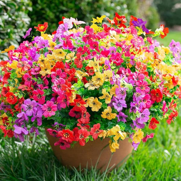 Sinhoon Artificial Flowers Outdoor, 8 Bundles Faux Flowers Plants Outdoor UV Resistant Greenery Shrubs Plants Artificial Fake Flowers Indoor Outside Hanging Planter Home Garden Decor W