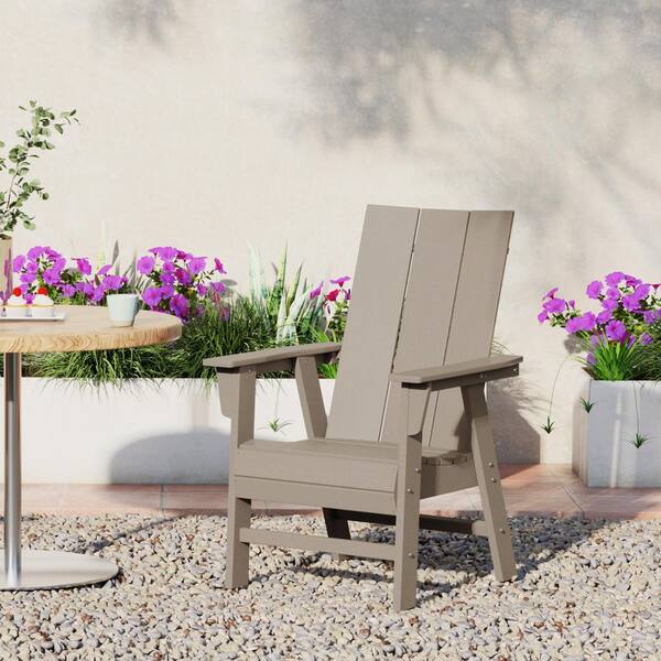 Shoreside Outdoor Patio Fade Resistant HDPE Plastic Adirondack Style Dining Chair with Arms in Weathered Wood