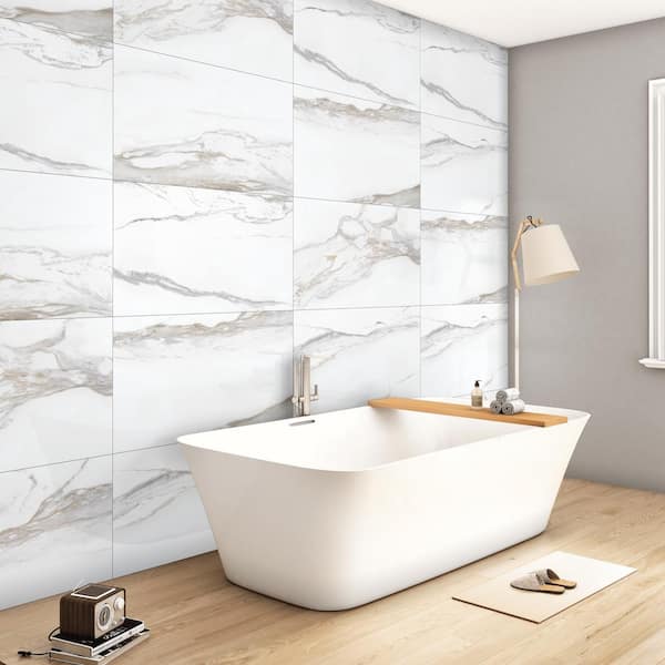 Milos White 24 in. x 48 in. Polished Porcelain Stone Look Floor and Wall Tile (16 sq. ft. /Case)