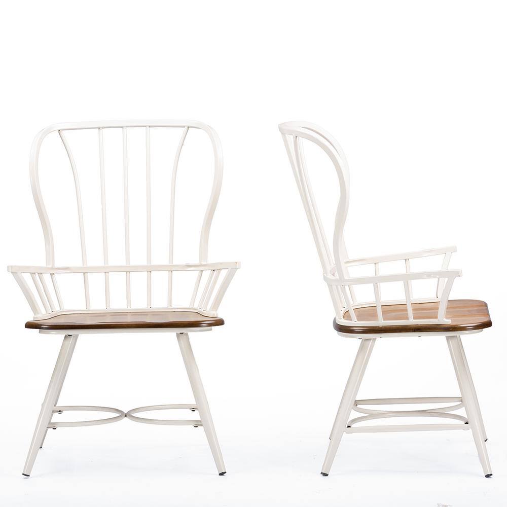 Windsor High Slat Metal Arm Chair in White with Dark Walnut Seat