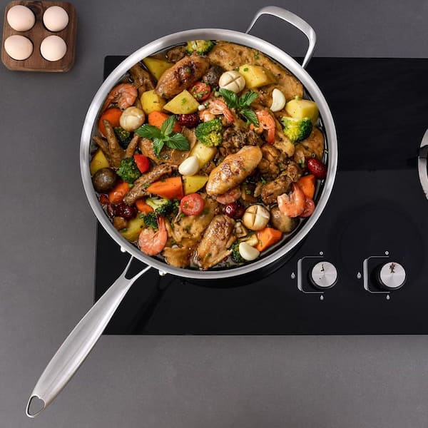 5.5 qt. Stainless Steel Saute Pan with Lid Even Heat Distribution Oven Safe Dishwasher Safe Detachable Handle Cool Grip