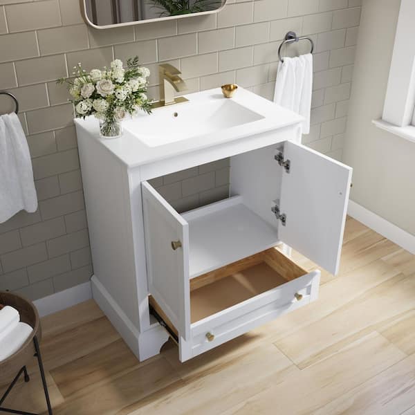 Modern 30 in. Solid Wood Single Sink Freestanding White Bath Vanity with White Ceramic Top