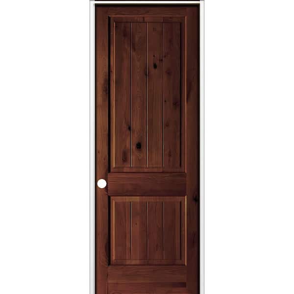 36 in. x 96 in. Knotty Alder 2-Panel V-Groove Solid Wood Right-Hand BEHR Red Mahogany Stain Single Prehung Interior Door