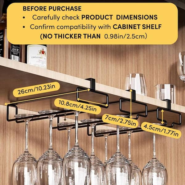 Wudkey 2-Pack Under Cabinet Iron Wine Glass Holder, Hanging Storage Rack Organizer for Kitchen, Black