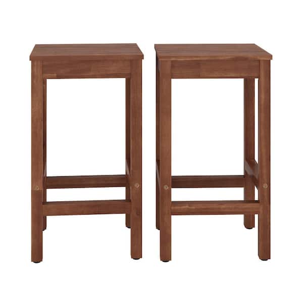 26 in Modern Teak Brown Acacia Counter Height Bar Stool Industrial Solid Wood Bar Stool with Footrest (Set of 2)