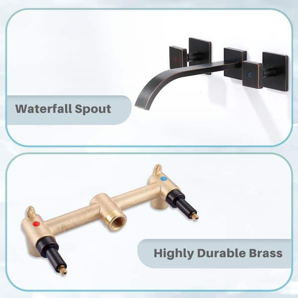 Solid Brass Double Handle Wall Mounted Waterfall Bathroom Faucet in Oil Rubbed Bronze