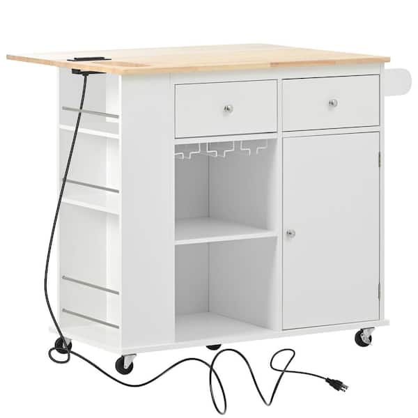 Unbranded White Rubber Wood Kitchen Cart with Drop-Leaf, Power Outlet, 5-Wheels, Open Storage and Wine Rack