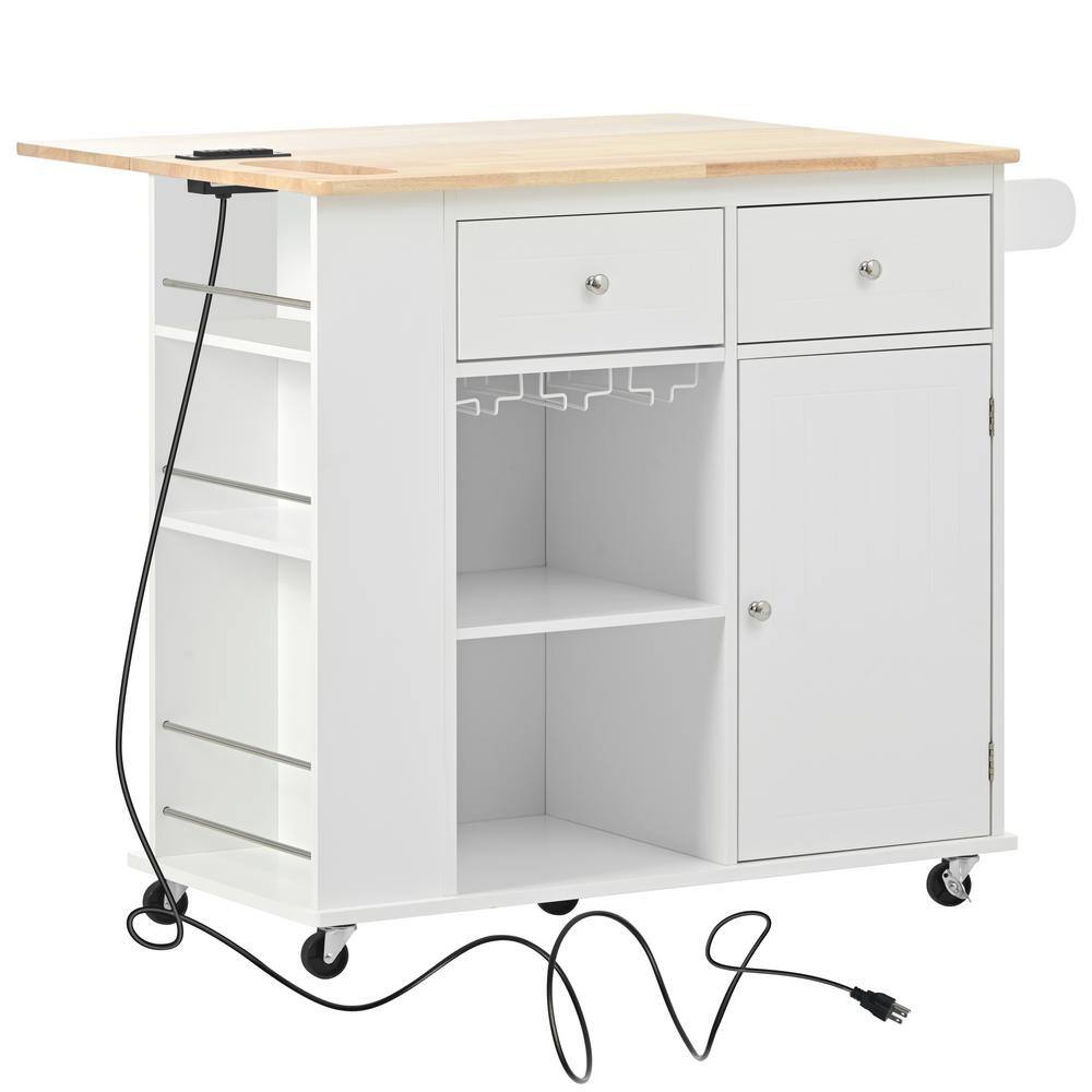 White Solid Wood Kitchen Cart with Drop-Leaf Breakfast Bar, Spice Rack, Tow