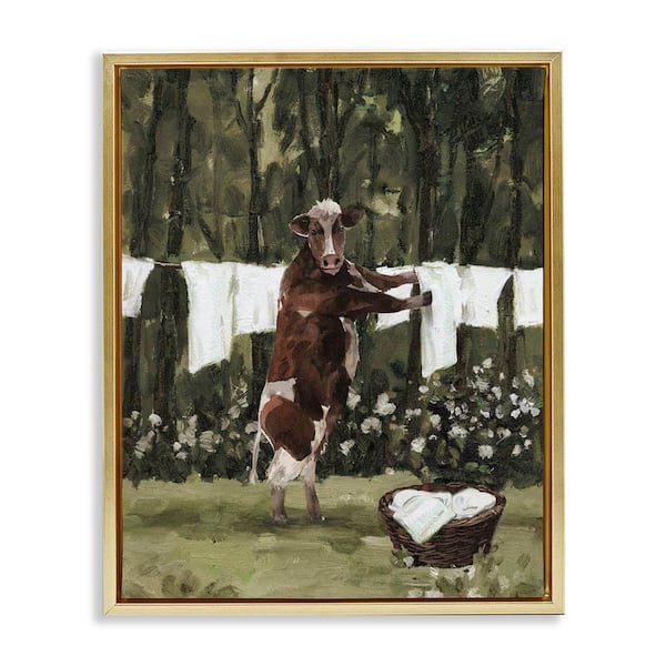 Stupell Industries Brown Cow Doing Laundry by White Ladder Gold Floater ...