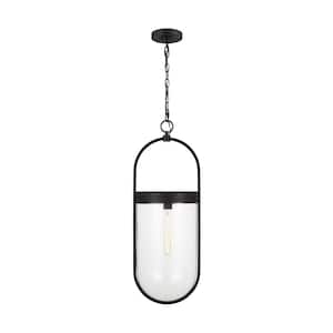 Blaine 11.5 in. W x 31.125 in. H 1-Light Aged Iron Large Pendant Light with Clear Glass Shade, No Bulbs Included